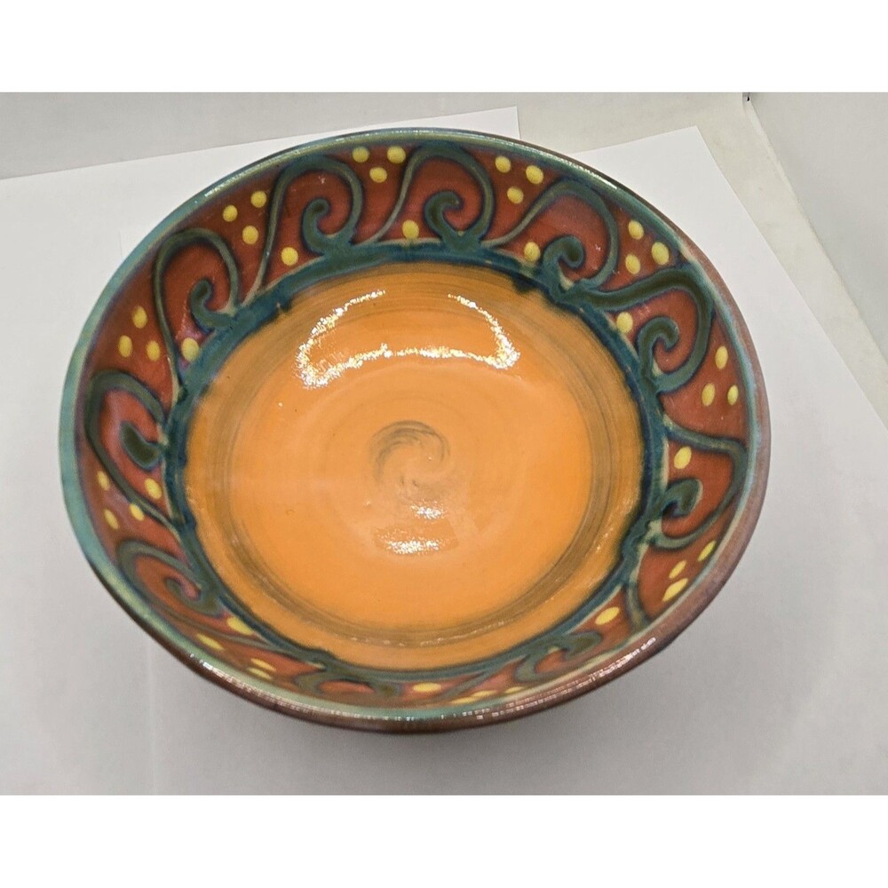 Earthworks Barbados Salad Bowl 6.5" Orange & Turquoise Stoneware Spiral Dot - Picture 12 of 13